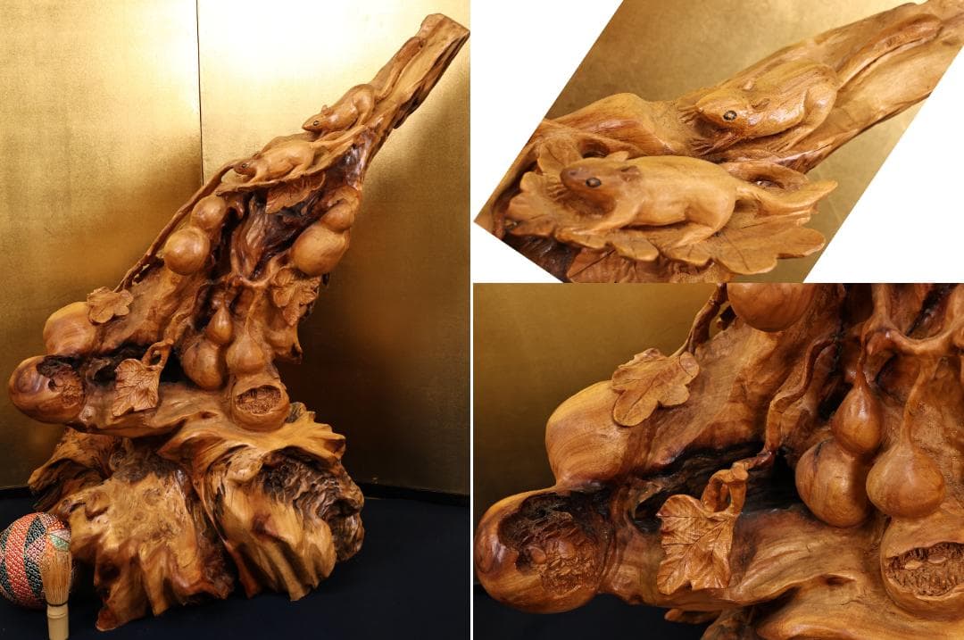 木彫　「 栗鼠と瓢箪 」 　一刀彫　東洋彫刻　置物　床飾り　インテリア　BK38