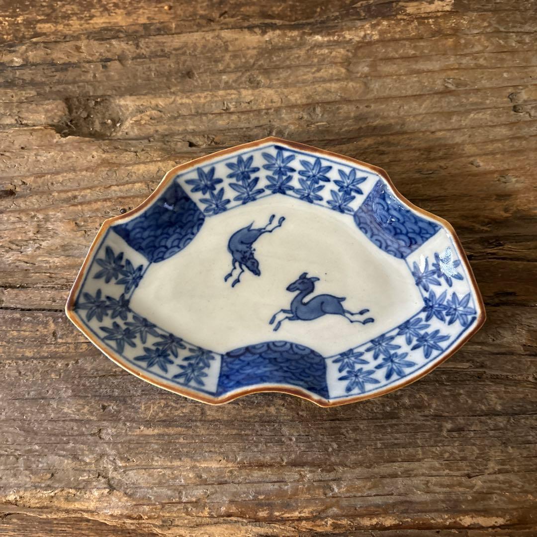 アンティーク変形小皿5点　明治　大正　印判染付古道具　検:白洲正子　李朝