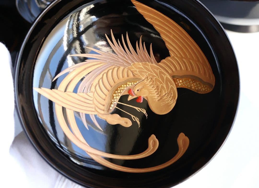 【CM402】天然木漆塗 菊桐鳳凰金蒔絵 黒塗 吸物椀 五客 昭和期 木製漆器