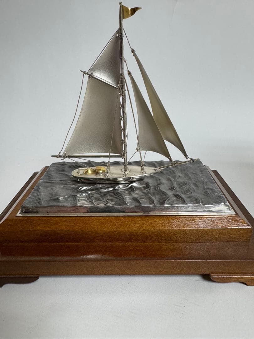 ケ*ン様 銀製　金属製帆船模型 木製台座付き