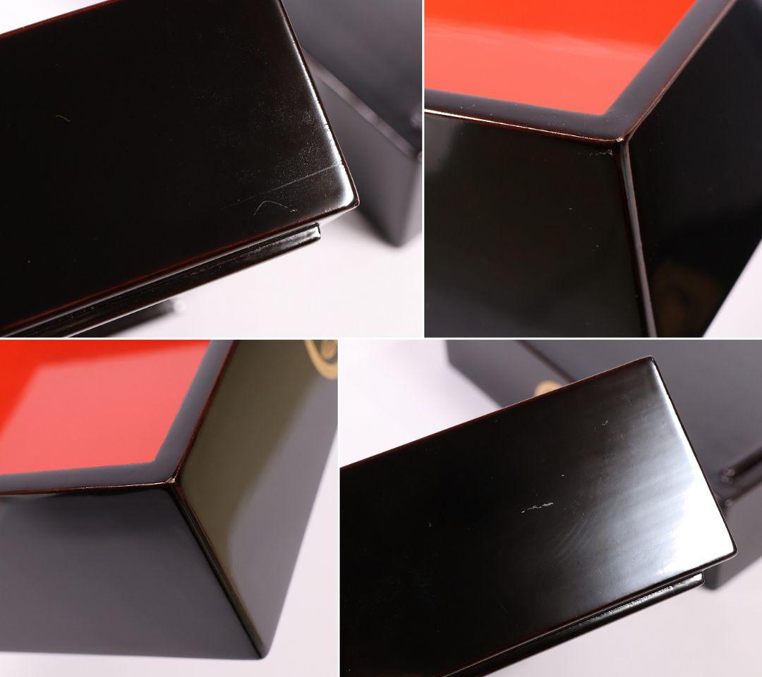 【MB37】輪島塗 丸に橘 家紋付 沈金 黒塗 内朱塗 五段重箱 蓋二枚 木製