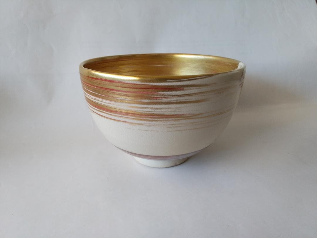 京焼 田中寿宝 作 仁清写 金襴 刷毛目 茶碗 茶道具 共箱 共布 栞 美品