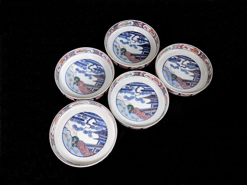 大聖寺伊万里　色絵　松に邸宅の図　縁高４寸皿　５枚　C595AS-BRq