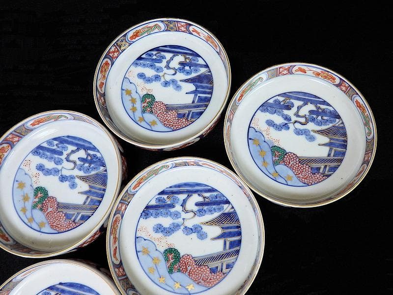 大聖寺伊万里　色絵　松に邸宅の図　縁高４寸皿　５枚　C595AS-BRq