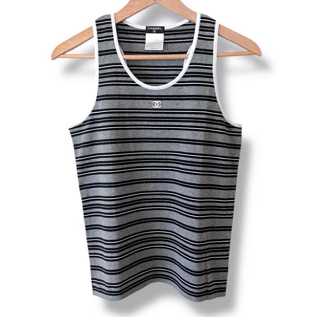 シャネル ココマーク ボーダー タンクトップ グレー 38 コットン