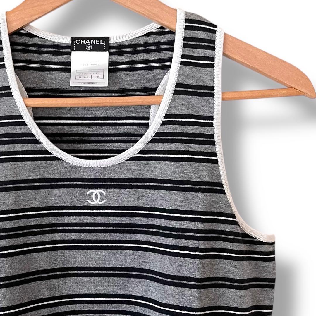 シャネル ココマーク ボーダー タンクトップ グレー 38 コットン