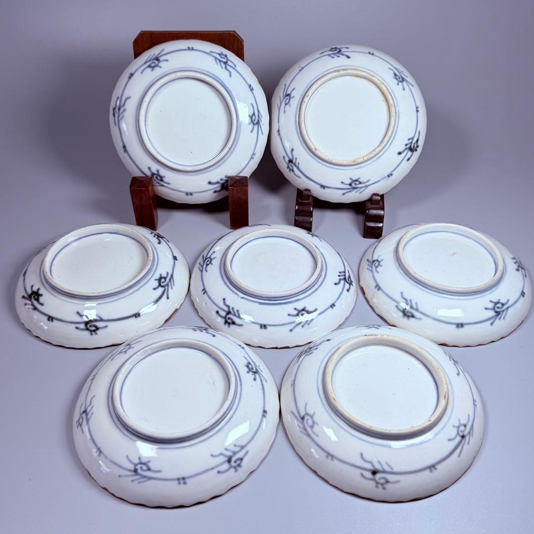 古伊万里　染錦　菖蒲　竹鳥図　直径12.3㎝　赤絵　6枚　古器を楽しむ