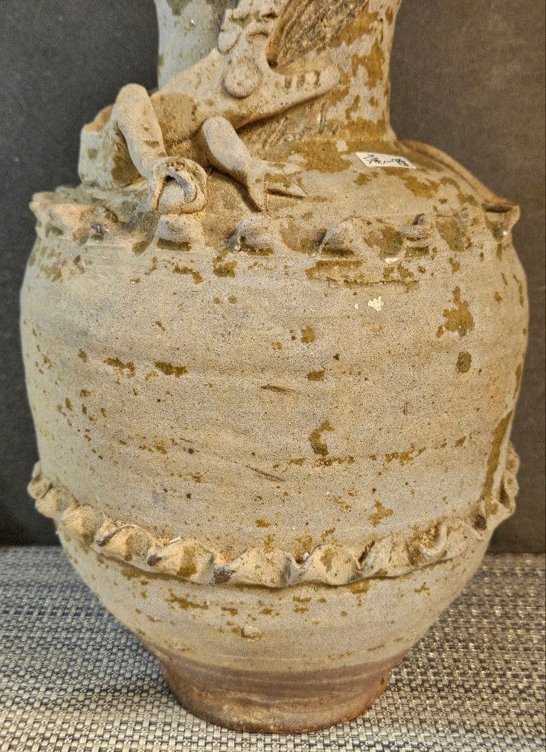 古代中国陶磁器　漢～隋代　緑釉　龍貼り　 高さ28.2cm　壺　花入れ　オブジェ