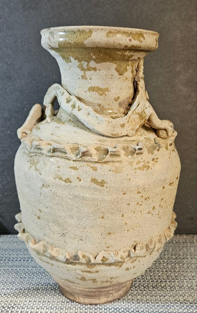 古代中国陶磁器　漢～隋代　緑釉　龍貼り　 高さ28.2cm　壺　花入れ　オブジェ