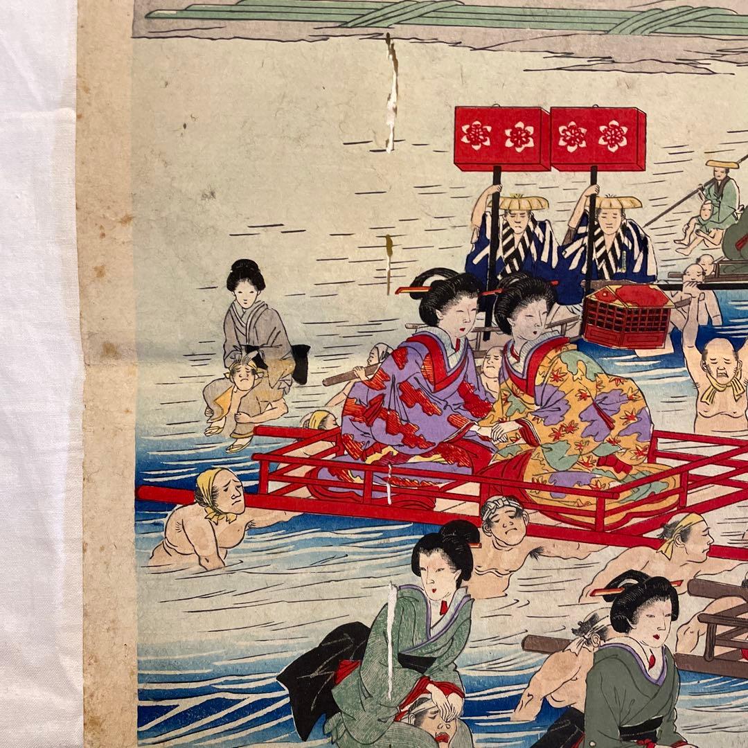 東洲勝月 作「観古 東錦 幕府道中川越之図 」錦絵三枚続3枚、明治22年7月