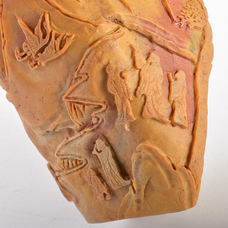 中国　玉石彫刻　山水人物刻　置物　時代箱付　M　R5717