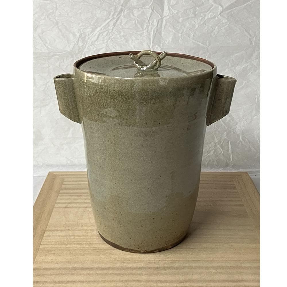 F1408 虫明焼 耳付水指 月に雁 木箱入り 水指 茶道具