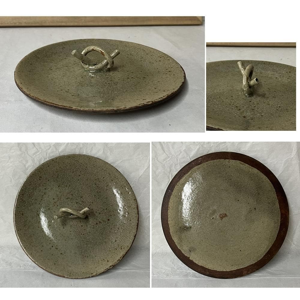 F1408 虫明焼 耳付水指 月に雁 木箱入り 水指 茶道具