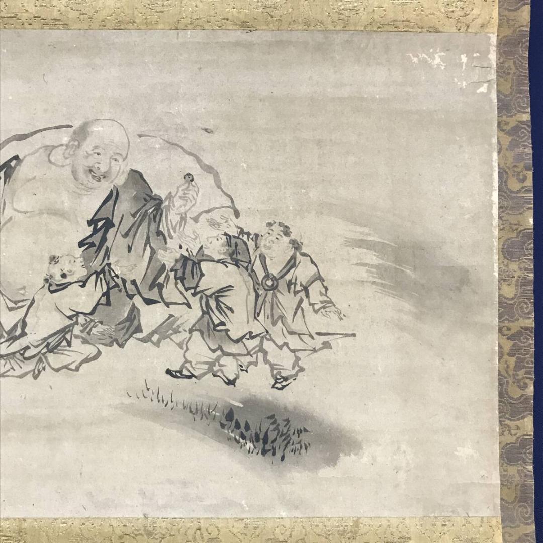 模写/狩野元信/布袋唐子図/福神図/人物図/横物/古画/掛軸☆宝船☆AH-678