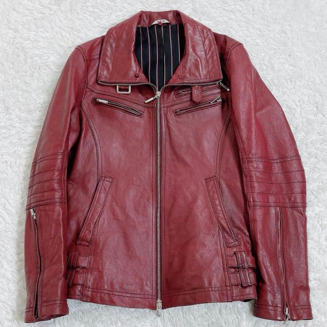A.S.M ファー レザーシングルライダースジャケット バーガンディ y2k M