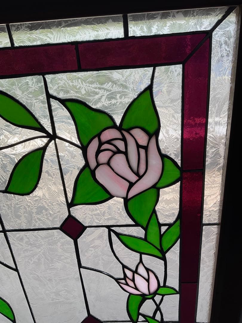 額装 ステンドグラス　薔薇 バラ　窓　アンティーク　ヴィンテージ　大正 浪漫