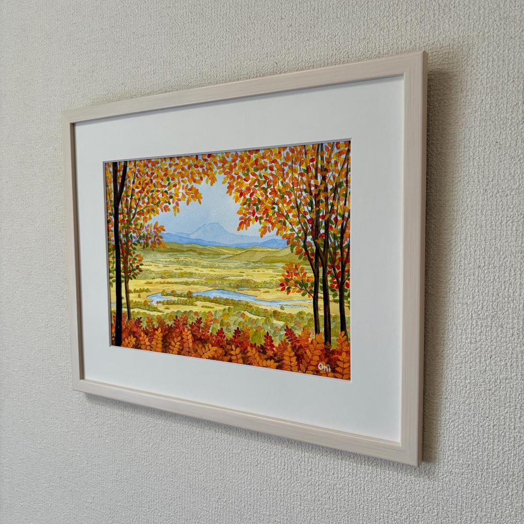 透明水彩画　原画　「釧路湿原・秋01」額縁付き　F4サイズ　風景画