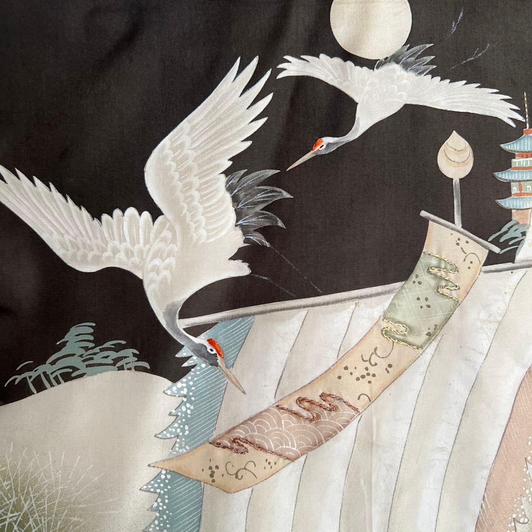 5502◆男の子アンティーク着物五つ紋宝船番鶴波手描き手刺繍時代古裂品格ある逸品