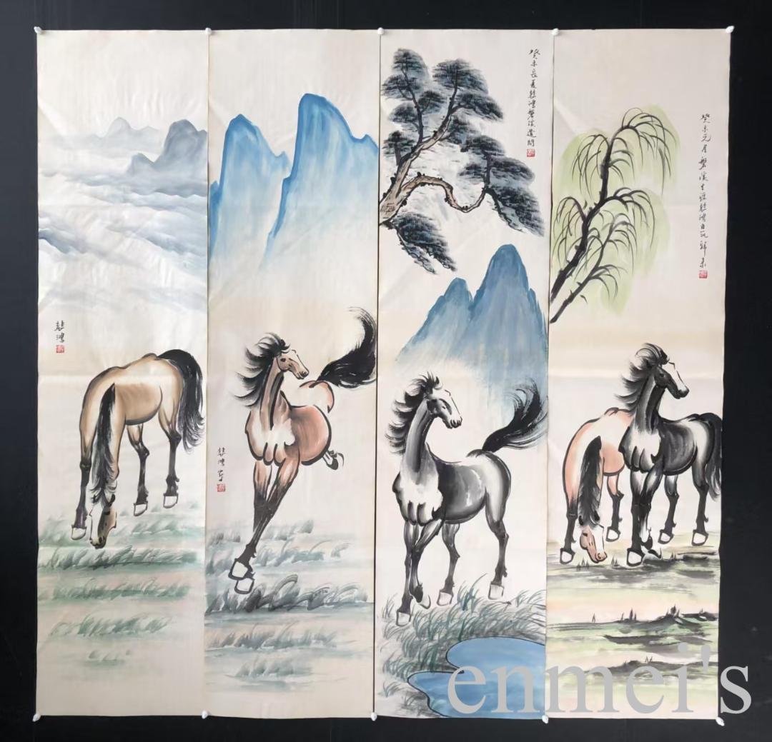 中国古美術・馬 四条屏画芯・徐悲鴻印款・水墨画・純手描き・文房置物 ・水印付き