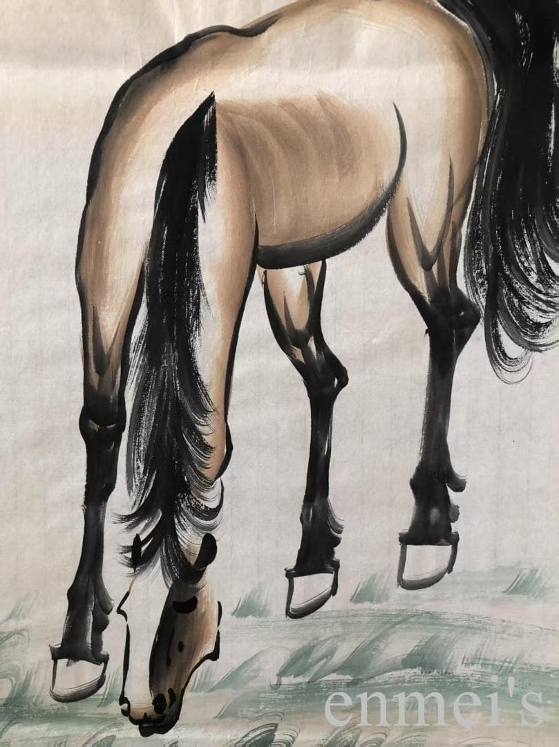 中国古美術・馬 四条屏画芯・徐悲鴻印款・水墨画・純手描き・文房置物 ・水印付き