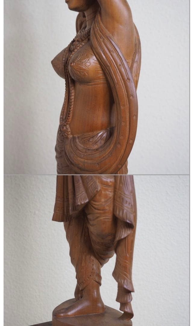 送料無料　時代物　老山白檀香木インド白檀細密彫刻女神像高さ62.5ｃｍ本物保証