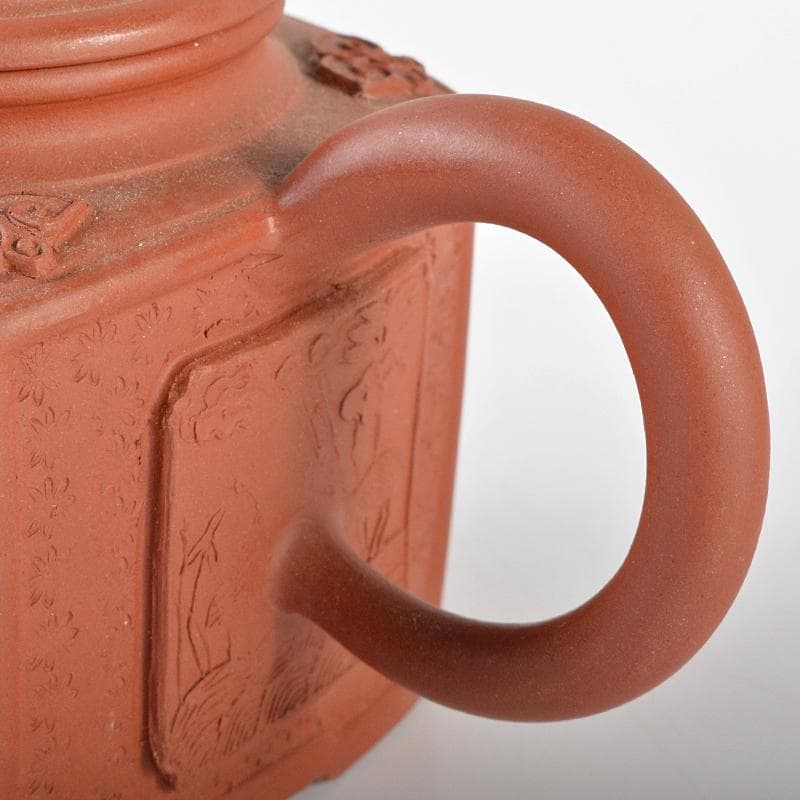 中国　紫砂　朱泥　山水人物神獣文　四方急須　茶壷　在銘　C　R6149