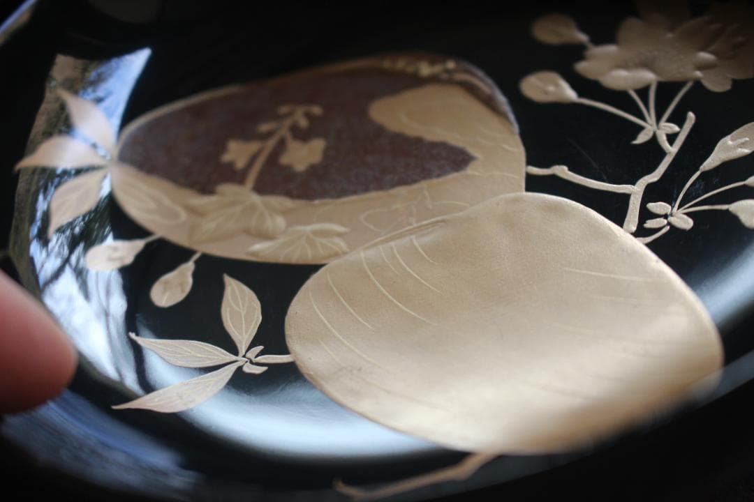 極小傷あり！時代黒漆に優美な貝合桜蒔絵の映える煮物椀2点（検輪島塗雑煮椀