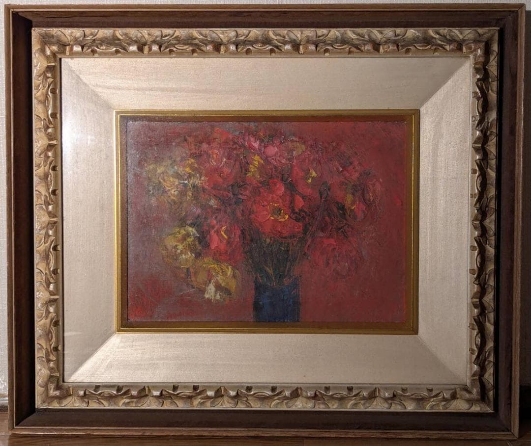 【真作】絵画　油彩4号　情熱の赤に咲く花束　力強いマチエールの一枚　Y101
