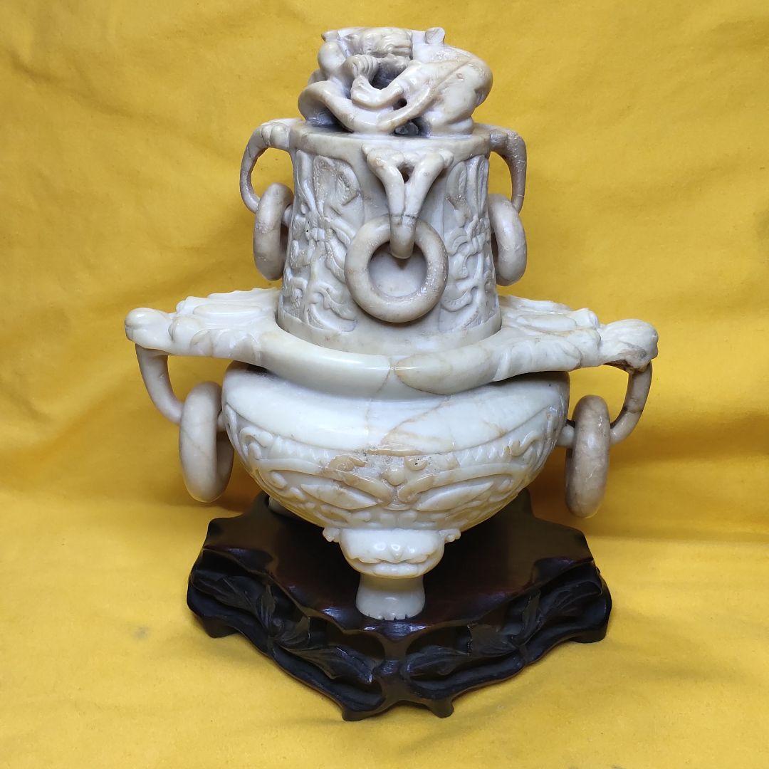 玉石彫刻 遊環香炉 木彫り台 共箱 石細工 アンティーク 旧家蔵出 風水グッズ