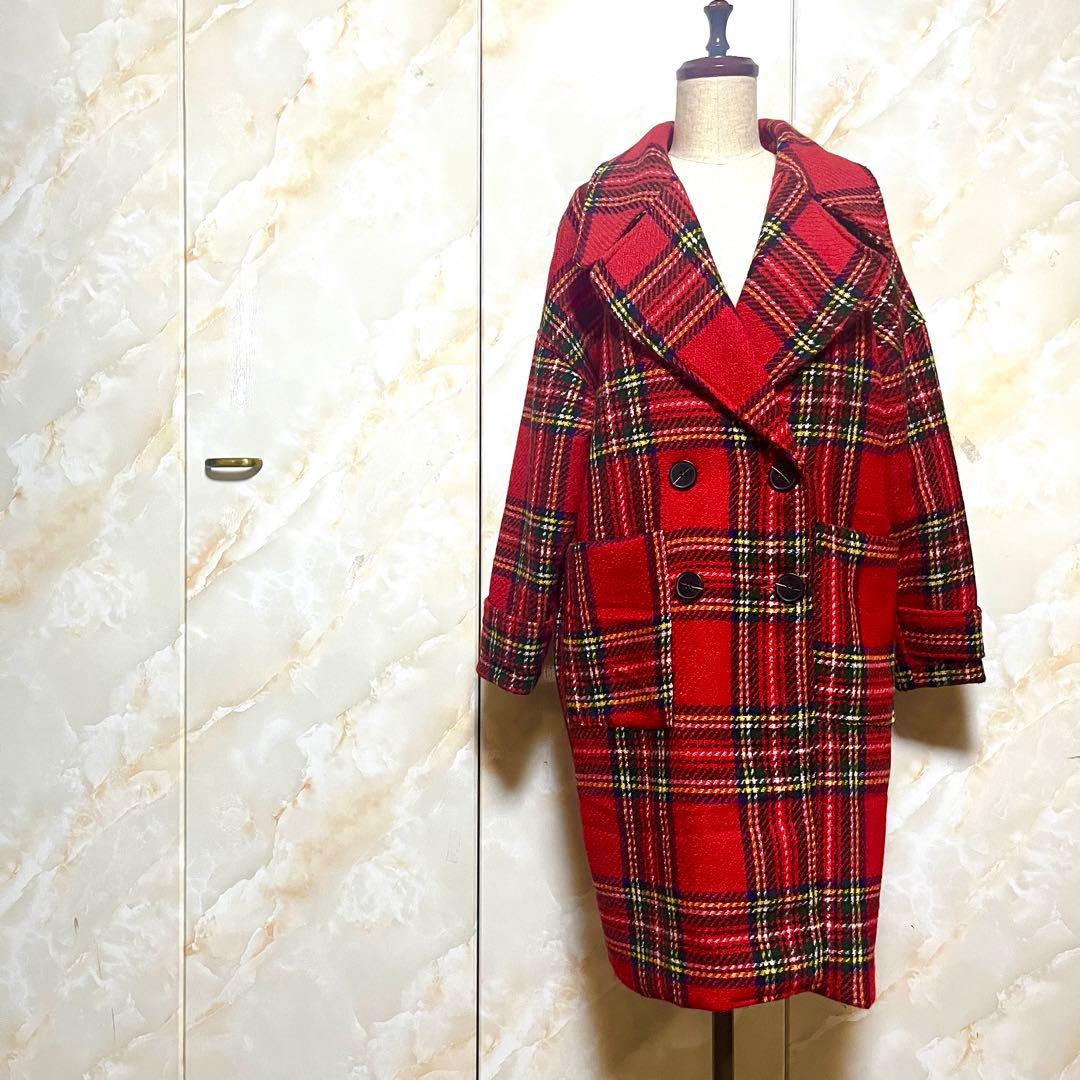 ●しんちゃん様●タータンチェック チェスター コート 赤 レッド 未使用 レトロ