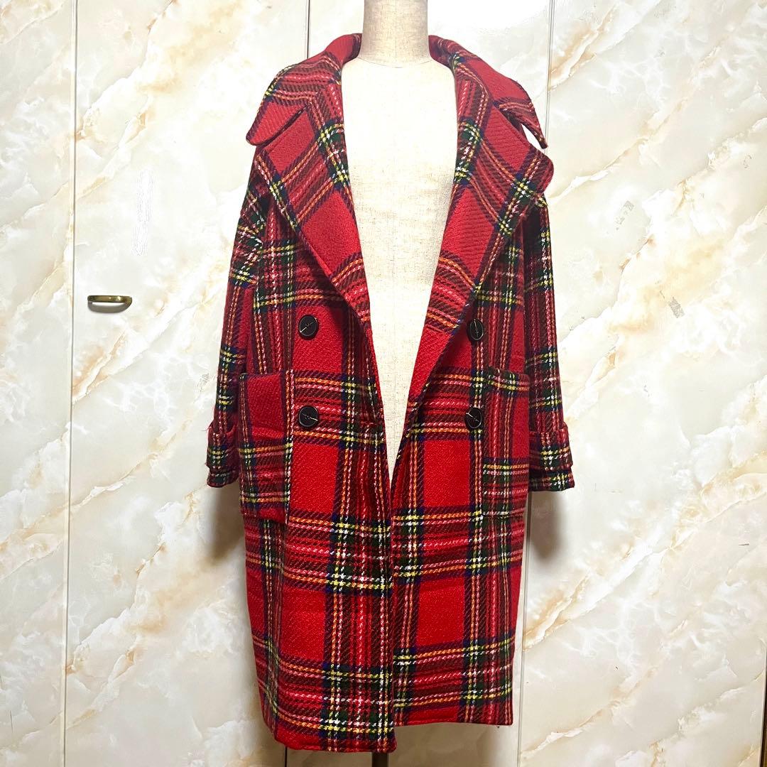 ●しんちゃん様●タータンチェック チェスター コート 赤 レッド 未使用 レトロ