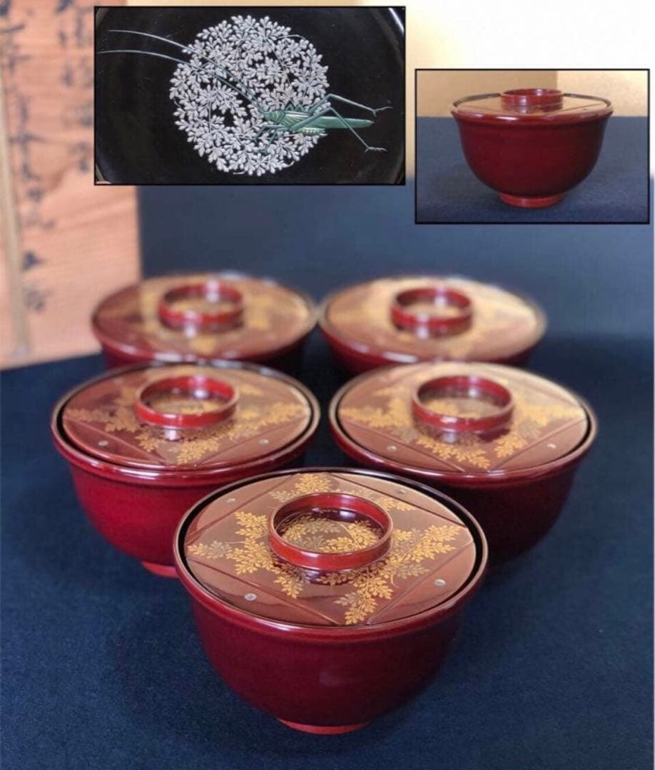 《レ》元禄形 溜塗 蒔絵付 吸物椀5客 木製漆器 木箱 251113え1