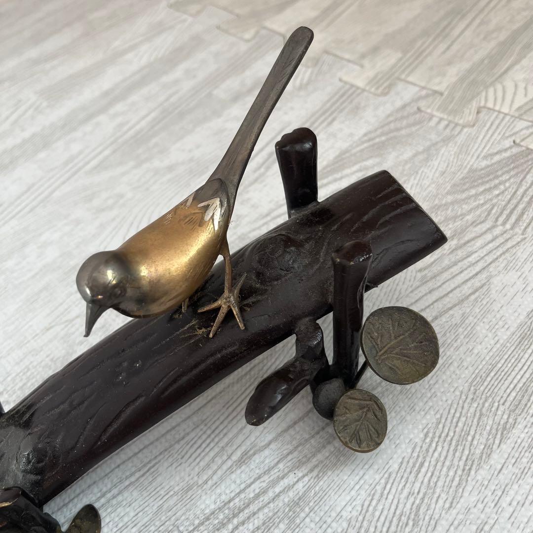 伝統工芸　美術　小鳥　木　止まり木　銅器 真鍮　正晴刻印　金属工芸　古物　骨董