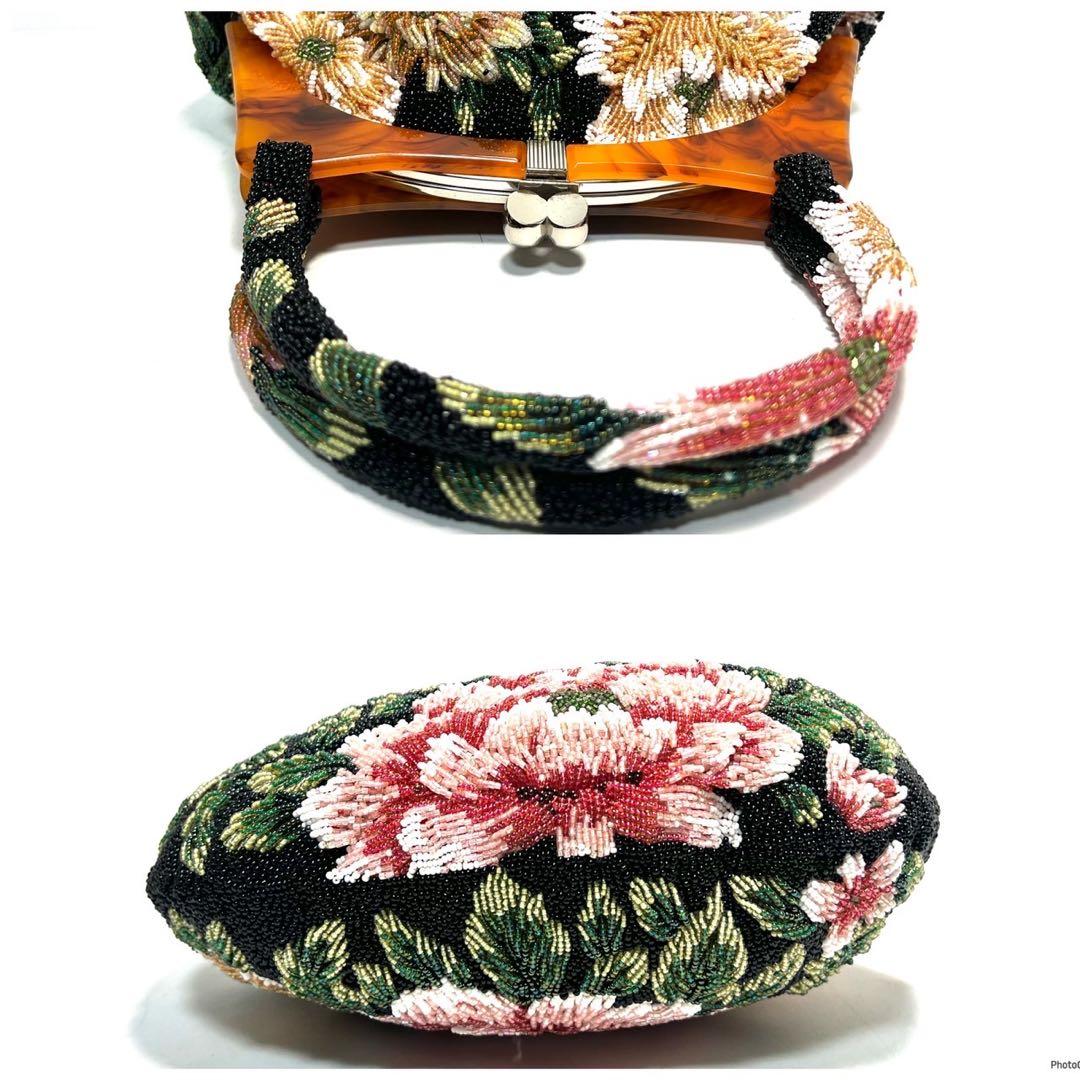 【美品】ビーズ総刺繍/花柄 ボタニカル柄/ハンドバッグ 和装バッグ ビーズバッグ