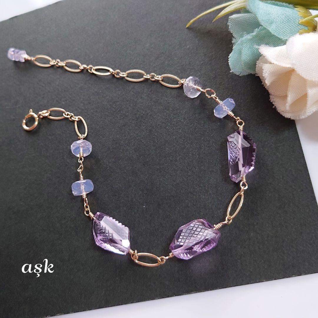 ℕページ】14Kgf❩ 素敵✧*タンブルカービングアメジストのブレスレット