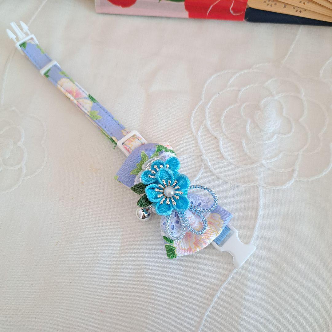 シングルリボン、和風つまみ細工(水色)わんちゃん猫ちゃん用首輪