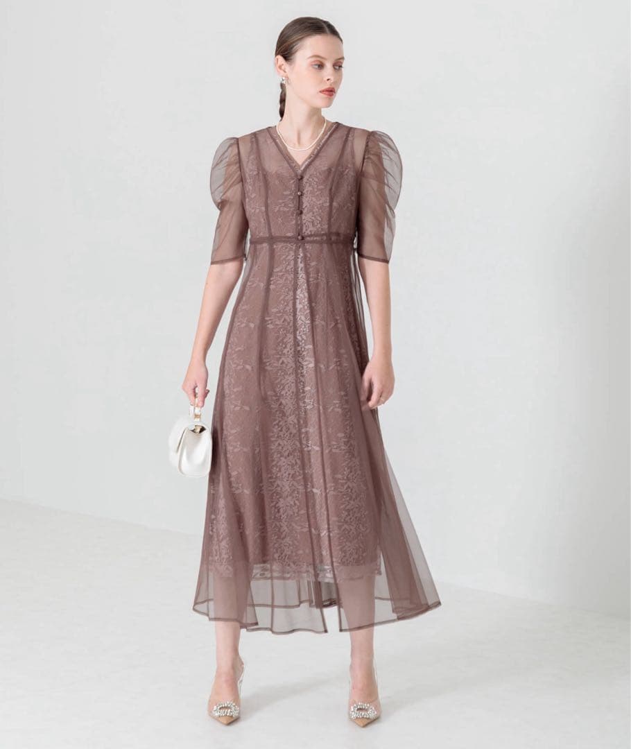 【LEJA】花柄総レースパフスリーブウエストリボン ドレス パーティ ワンピース