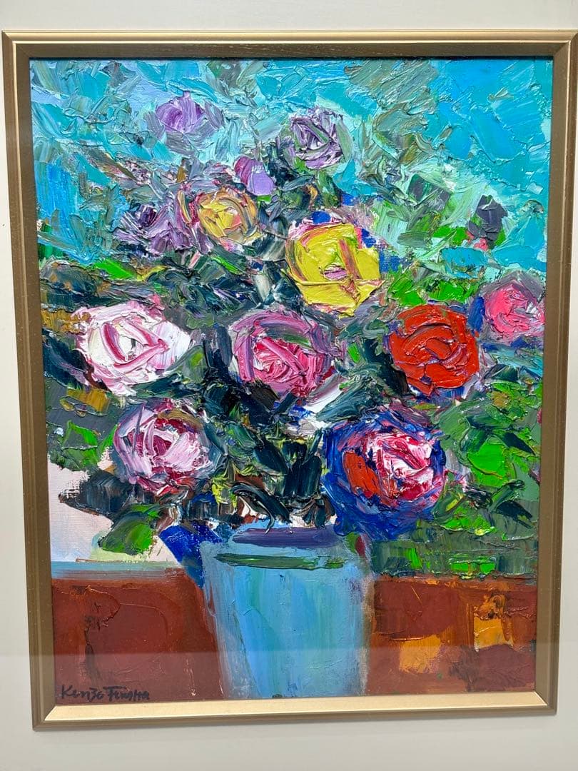 ケ*ん様 #藤田謹三「ばら」1970年 油彩画 額装 直筆サイン