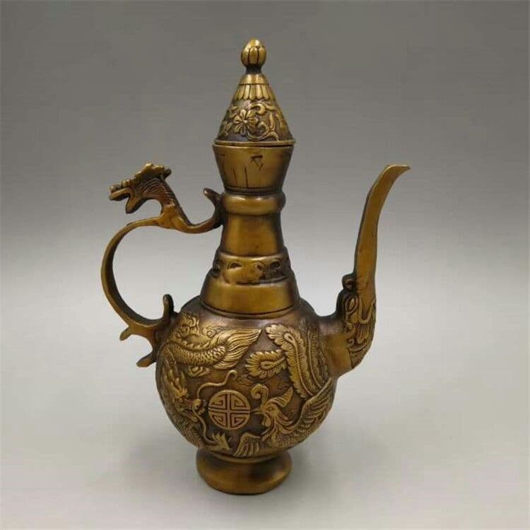 古い銅器工芸品龍鳳吉祥徳利置物  家庭銅器置物