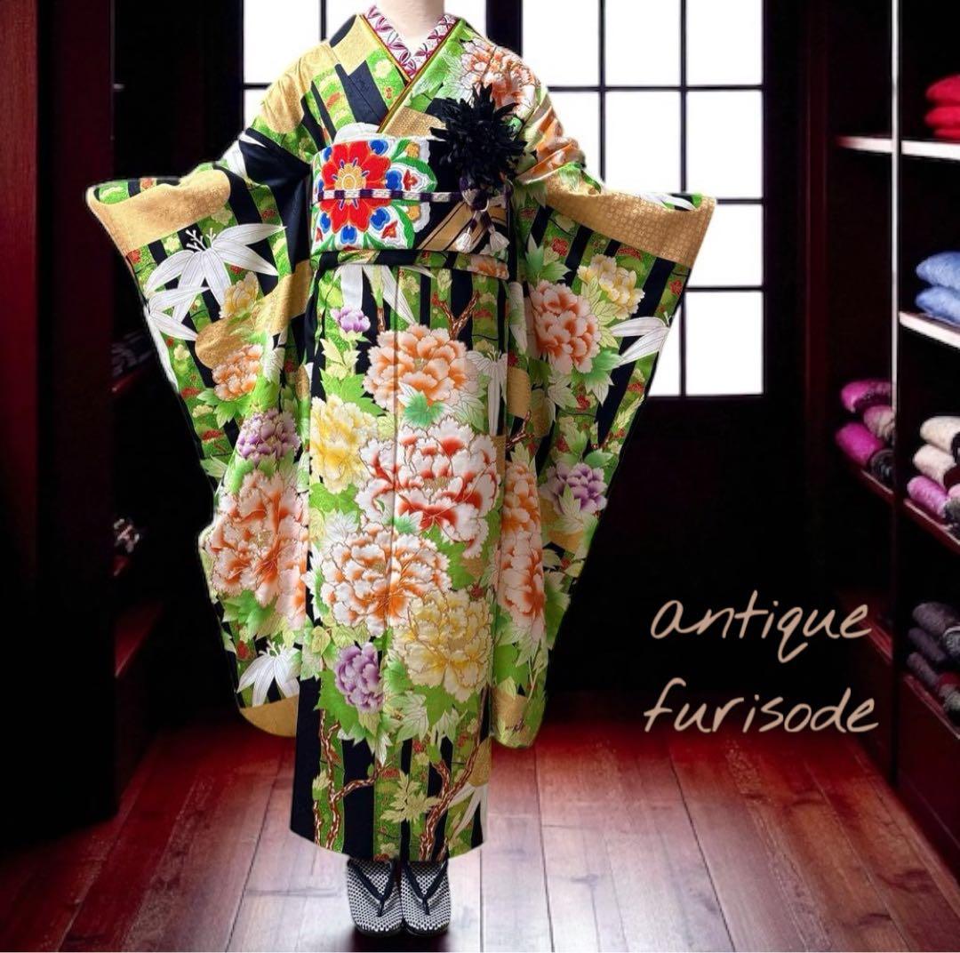 (う10) 竹縞に咲く艶牡丹 大正浪漫な雰囲気を漂わすアンティーク振袖⑤点セット