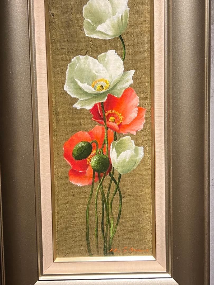 リアリズム　【アイスランドポピー】　肉筆油彩画　直筆サインあり　作者不詳