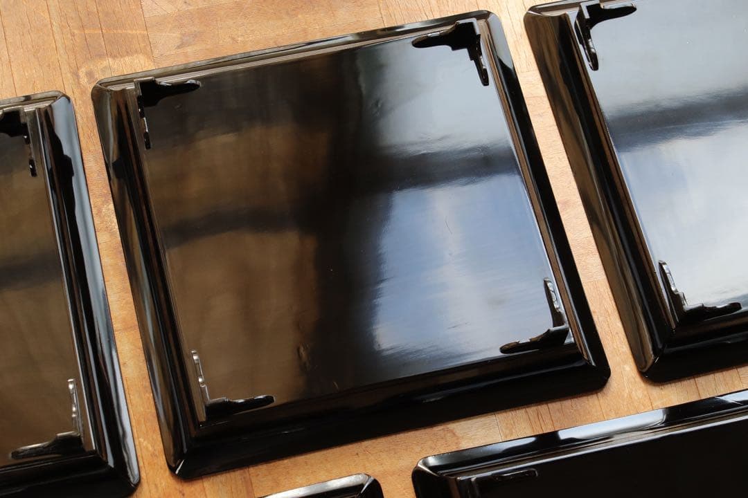 木製　螺鈿　古い黒塗吸物膳5客　足付　三重扇面蒔絵　金銀蒔絵　茶懐石　漆器　花鳥