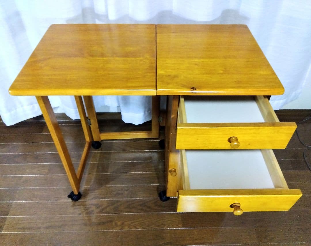 【アンティーク】収納付折畳デスク　多機能サイドテーブル　（キャスター付）匿名配送