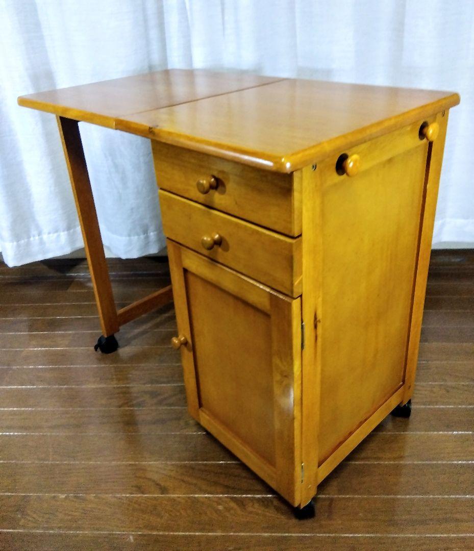 【アンティーク】収納付折畳デスク　多機能サイドテーブル　（キャスター付）匿名配送