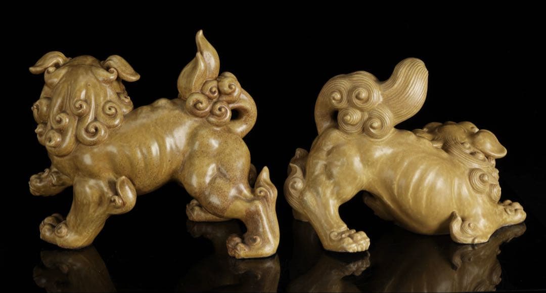 九谷焼 玉獅子 双獅子置物 一対 共箱付 24cm 唐獅子 狛犬 古美術 骨董品