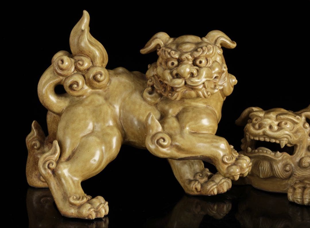 九谷焼 玉獅子 双獅子置物 一対 共箱付 24cm 唐獅子 狛犬 古美術 骨董品