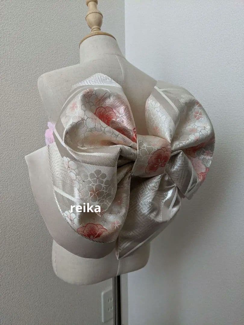 七五三　ジュニアサイズ　大人用袋帯からの作り帯　二部式　子供　着物　白銀ピンク系