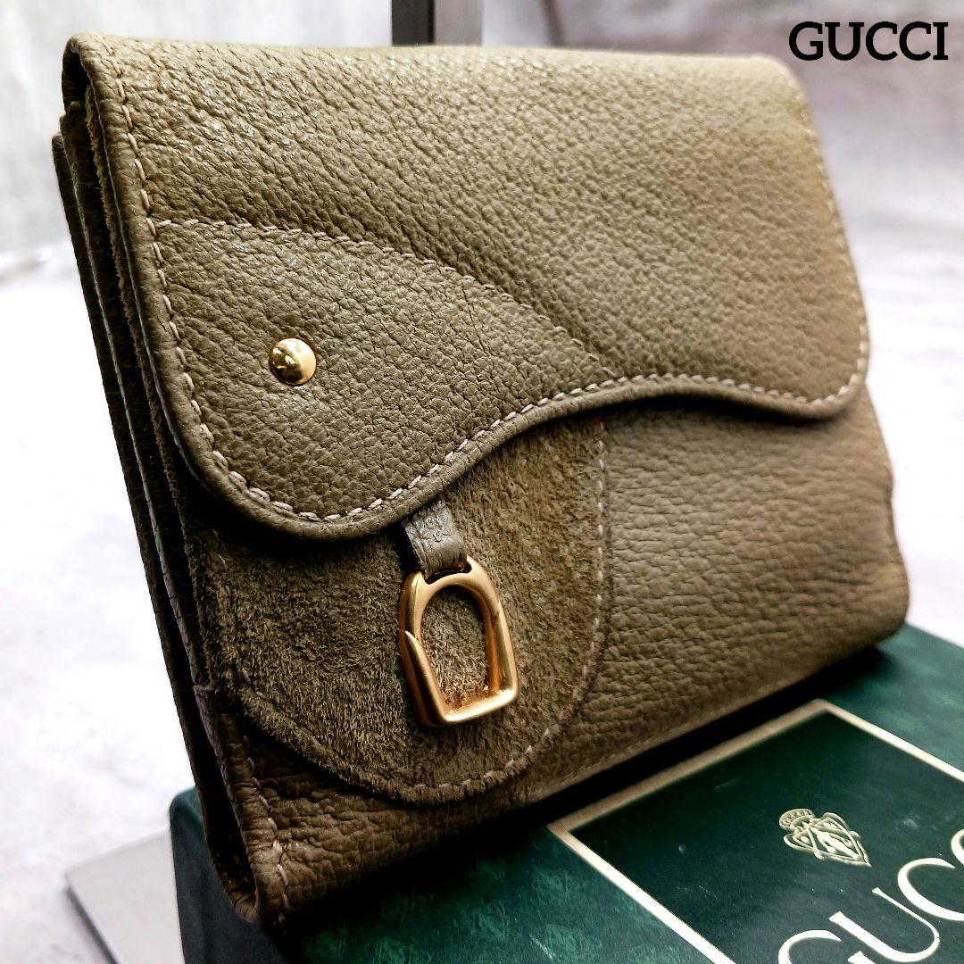 ✨美品✨ グッチ Wホック 二つ折り財布 ホースビット レザー スエード カーキ