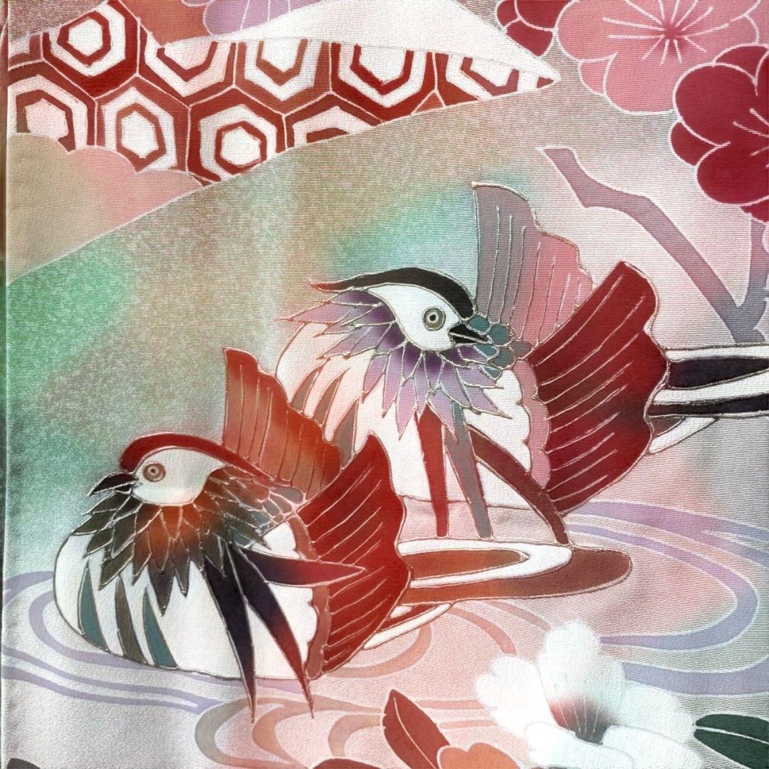 □七五三7歳　正絹女児用振り袖着物　正絹襦袢付　おしどり　緑系