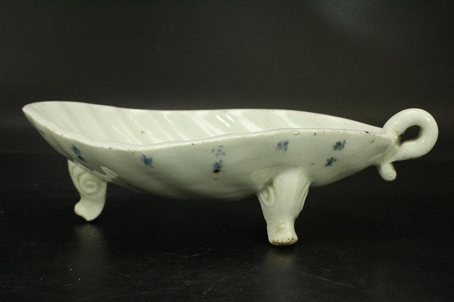 青花 葉形 三足 筆洗 匙付(A887)